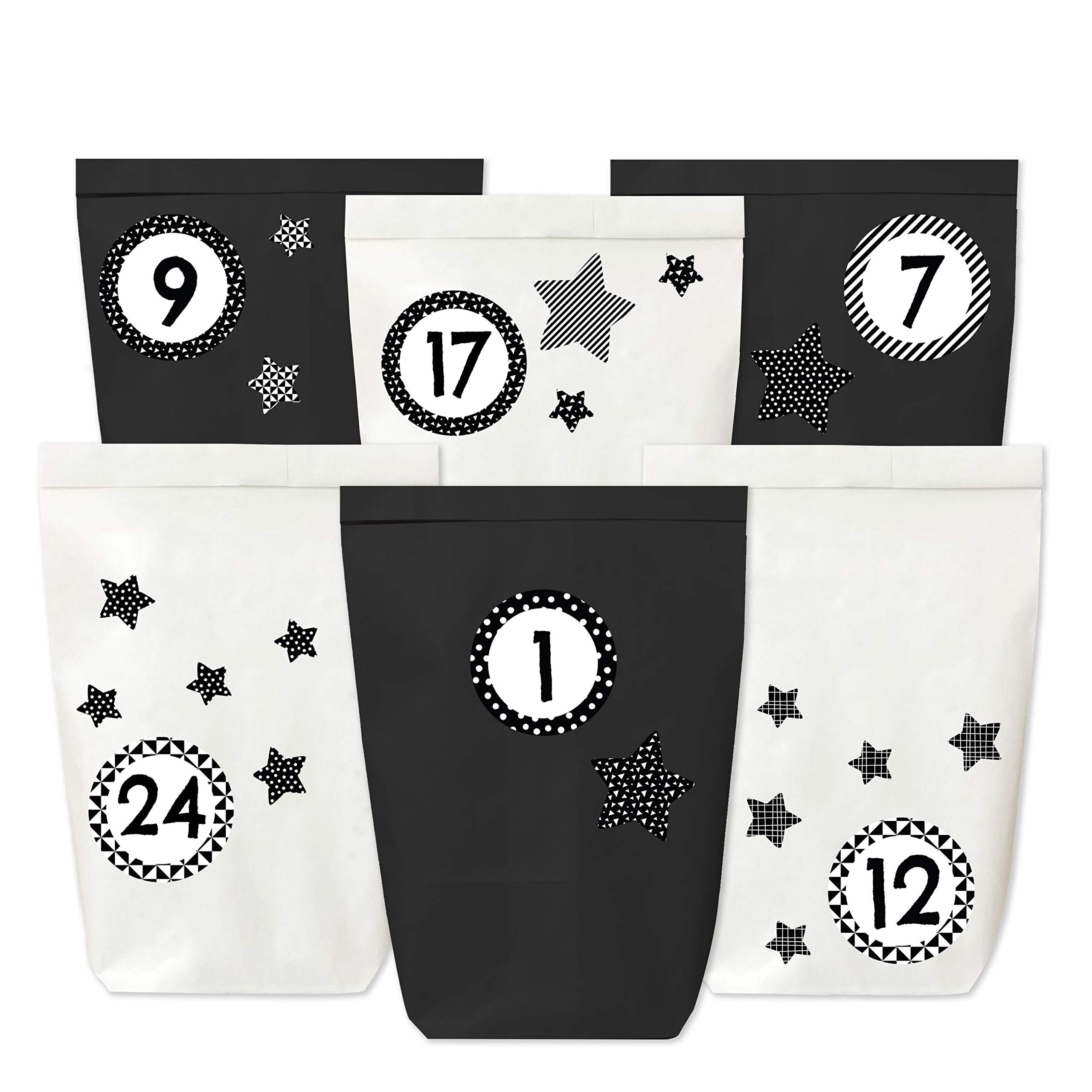 Papierdrachen Advent Calendar for filling - 24 paper bags with stickers - motif black with stars - 113