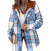 Zeagoo Womens Plaid Shacket Jacket Long Sleeve Fleece Hooded Jackets Fall Winter Warm Coat S-2XL