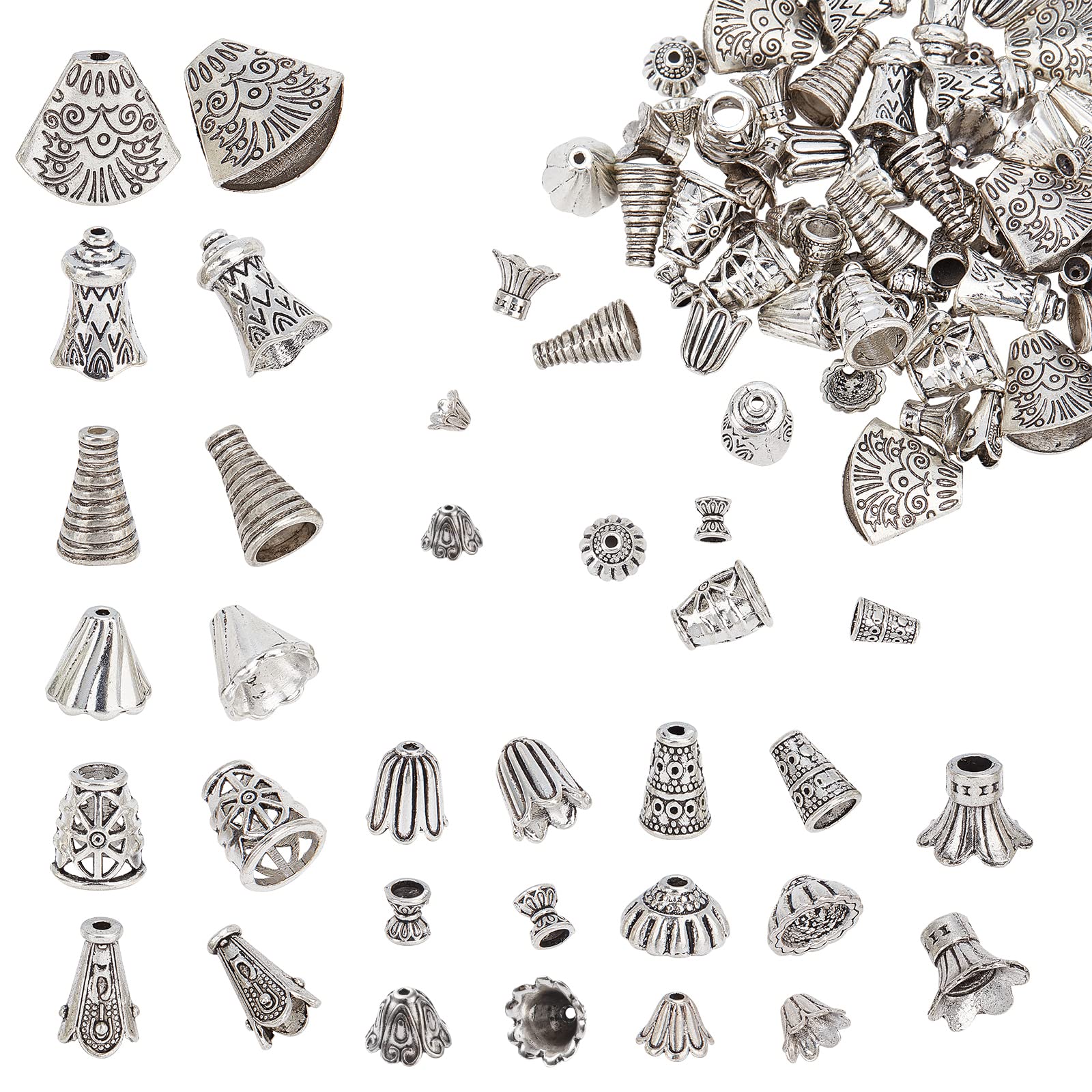 SUNNYCLUE 1 Box 13 Styles Metal Cone Beads Silver Alloy Bead Cap Tibetan Bead Caps Flower End Caps for Jewelry Making Supplies Crafts DIY Handmade Necklaces Bracelet Accessories