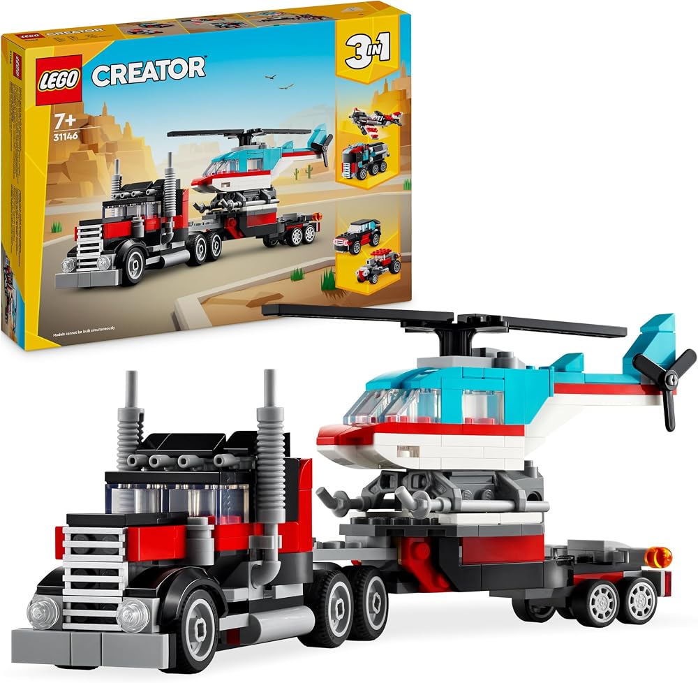 LEGO Creator 3in1 Flatbed Truck with Helicopter 31146 7+ Vehicle Toy Set