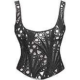 bslingerie Women Lace Trim Floral Sheer Lace Up Patchwork Bustier Corset Top