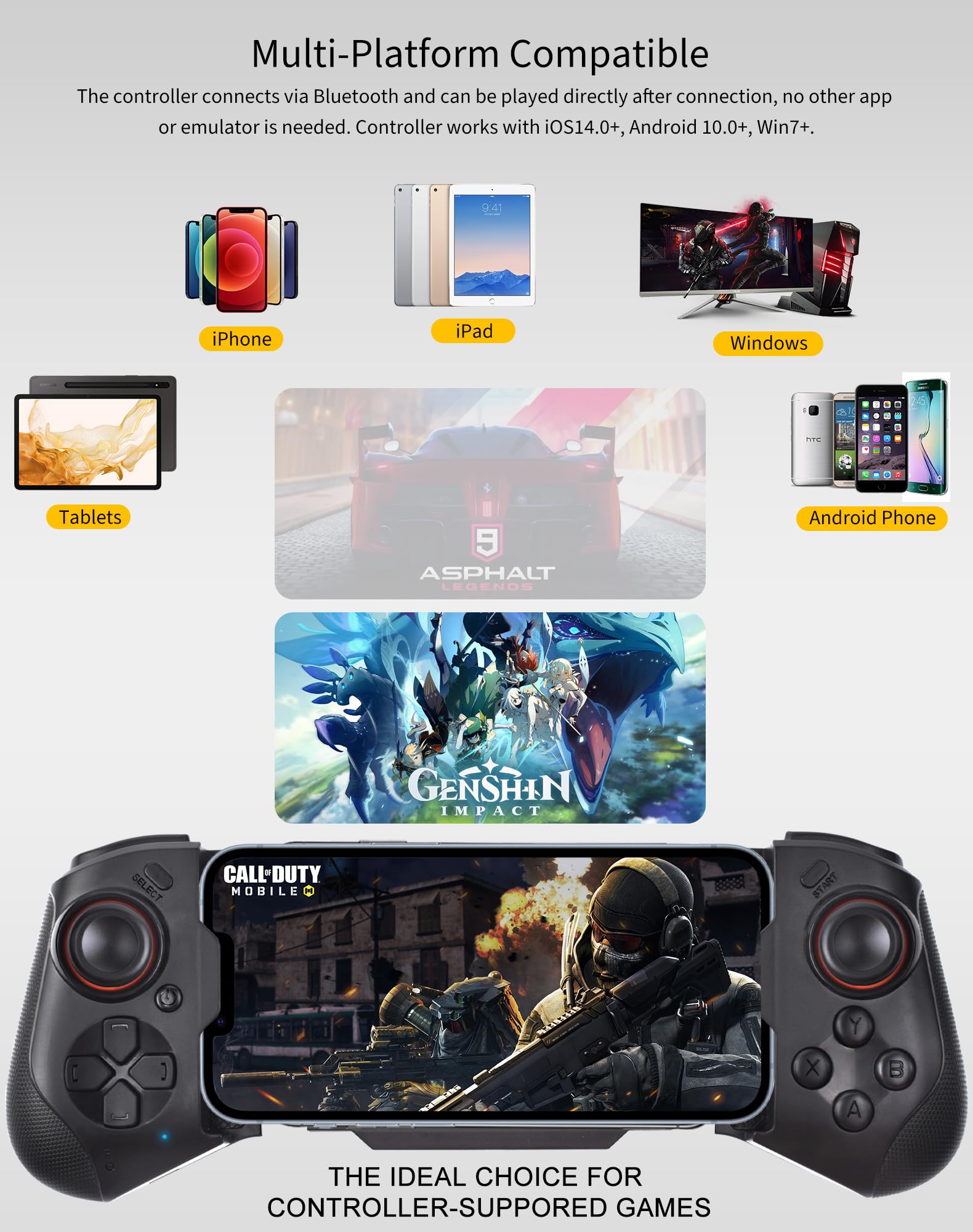 Joso Mobile Game Controller for iPhone, Android, PC, Steam, Direct Play, 15 Hours Playtime, Phone Controller Gamepad Joystick for iPhone 14 13 12 Pro Max, Galaxy S23 S22 Ultra, iPad, Tablet, MFi Games