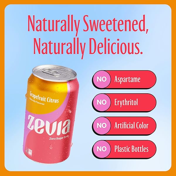 ZEVIA ZERO SUGAR, GRAPEFRUIT CITRUS SODA, CAFFEINE FREE, 12 FL OZ CANS (PACK OF 24)