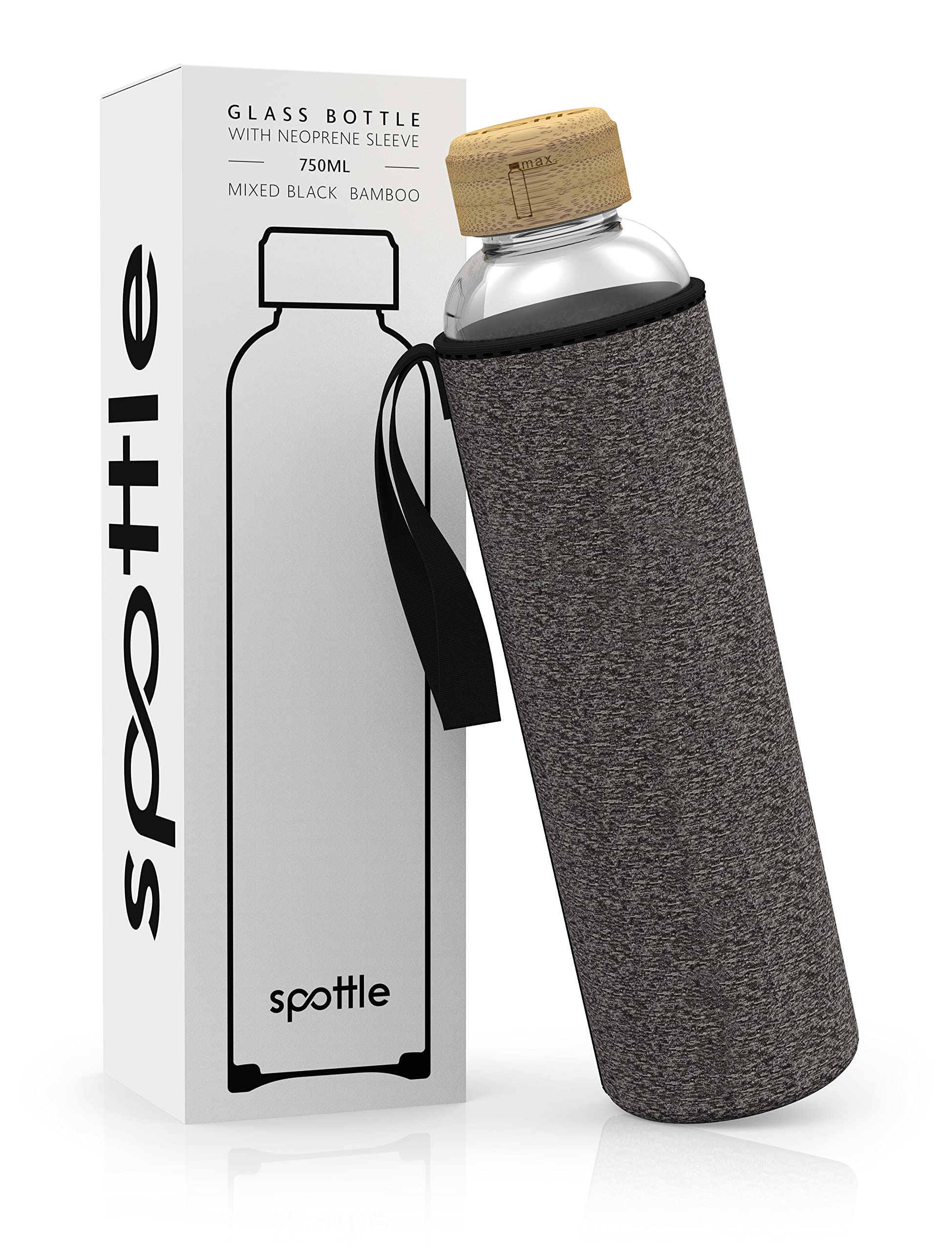 spottle Glass Water Bottle 750ml – Borosilicate Drinking Container with Neoprene Sleeve, Dishwasher Safe, BPA Free, Ideal for All Beverages