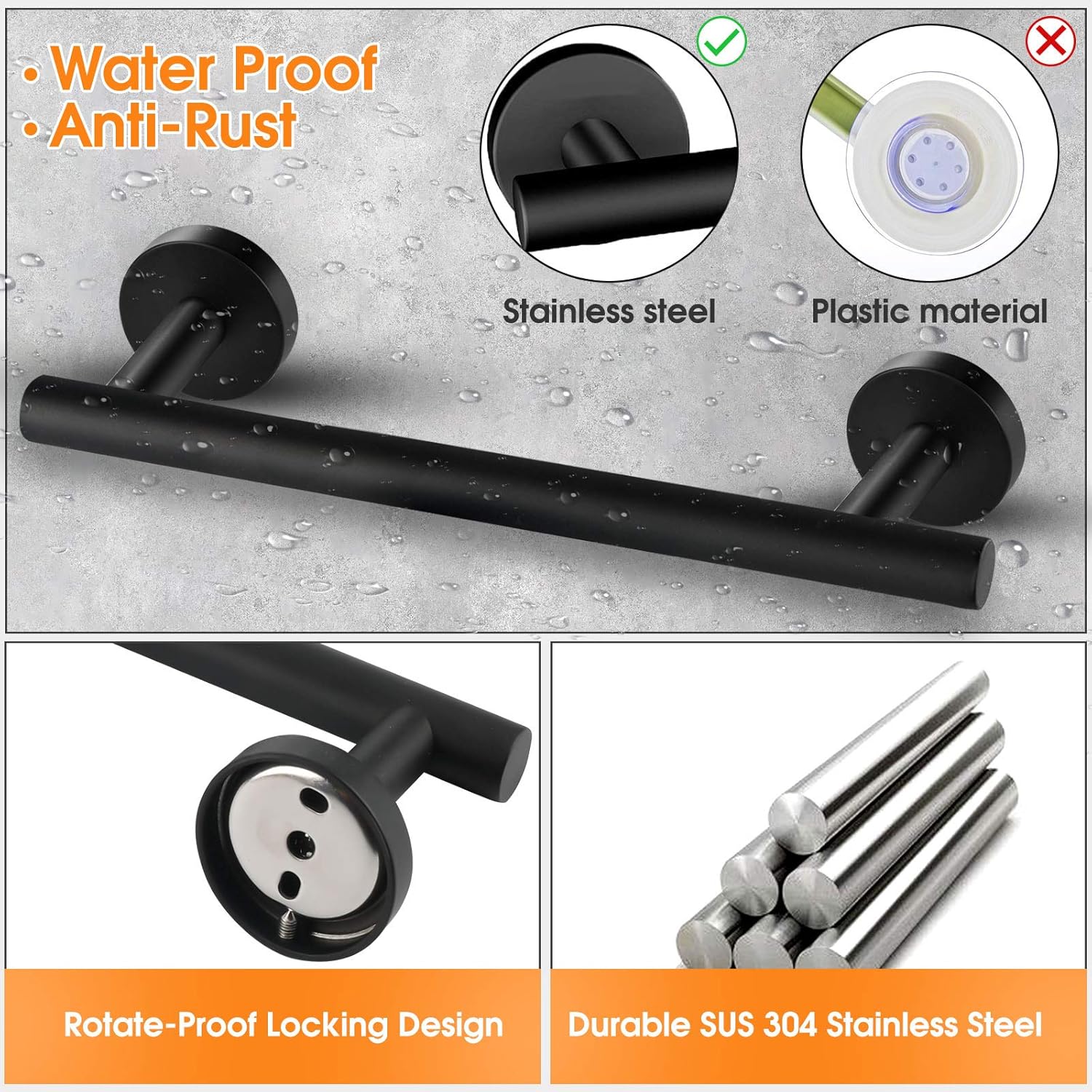 Bathroom Hardware Set, Tomic Matte Black Towel Bar, Thickened SUS304 Stainless Steel Bathroom Towel Rack Set Include 16'' Bathroom Towel Bar, Toilet Paper Holder and 2 Robe Hooks, 4Pcs: Kitchen & Dining