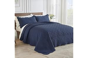 SUCHBED Alaskan King Bedspread Set Oversized King Bedspreads 132x120 inches Extra Wide King Quilt Set Lightweight Coverlet with Shams Grid & Damask Quilted Bedspread for All Season, Navy Blue