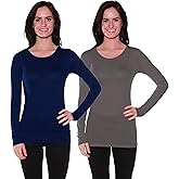 Active Basic Athletic Fitted Plain Long Sleeves Round Crew Neck T Shirt Top, Small, 2 pack Navy/Charcoal