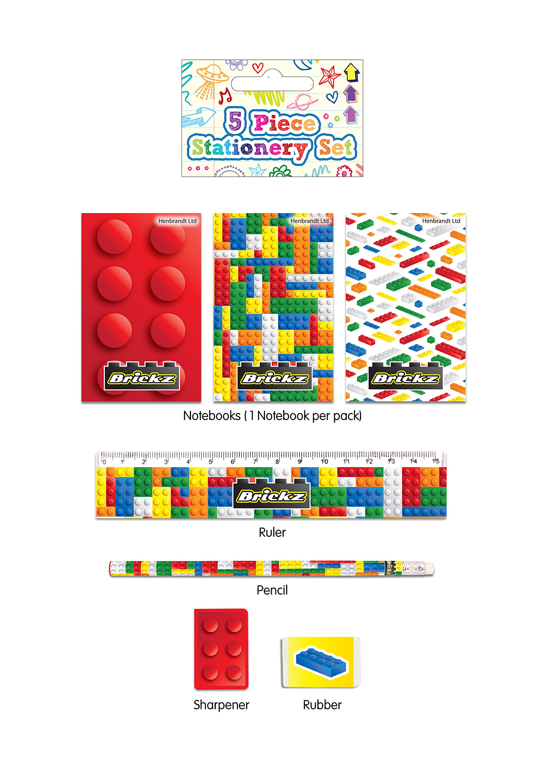 Anila's 5 Piece Stationery Set - Pencil, Sharpener, Rubber, Ruler, Notepad (Bricks)