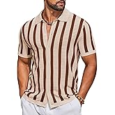 COOFANDY Men's Knit Shirts Short Sleeve Button Down Polo Shirt Striped Casual Summer Beach Shirts