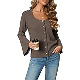 Seetaa Women‘s Lightweight Cardigan Sweater Scoop Neck Bell Long Sleeve Button Down Open Front Tops