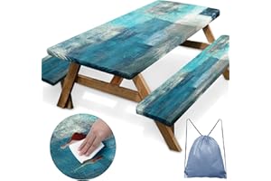 Nesphy Turquoise Grey Painting Picnic Table Cover with Bench Covers, Contemporary Teal Gray Abstract Outdoor Camping Essentials 6FT 3PCS Fitted Rectangle RV Must Haves Tablecloth with Drawstring Bag