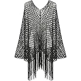 MakeMeChic Women's Boho Fringe Poncho Tops Crochet Hollow Out Tops Beach Swimsuit Coverup