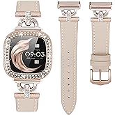 Leather Band Compatible with Fitbit Sense 2/Versa 4 Bands for Women, Dressy Leather Strap with Rhinestone D-Shape Metal Buckle with with Bling Case Cover (Fitbit Versa4/Sense2, Beige/Rose Gold)