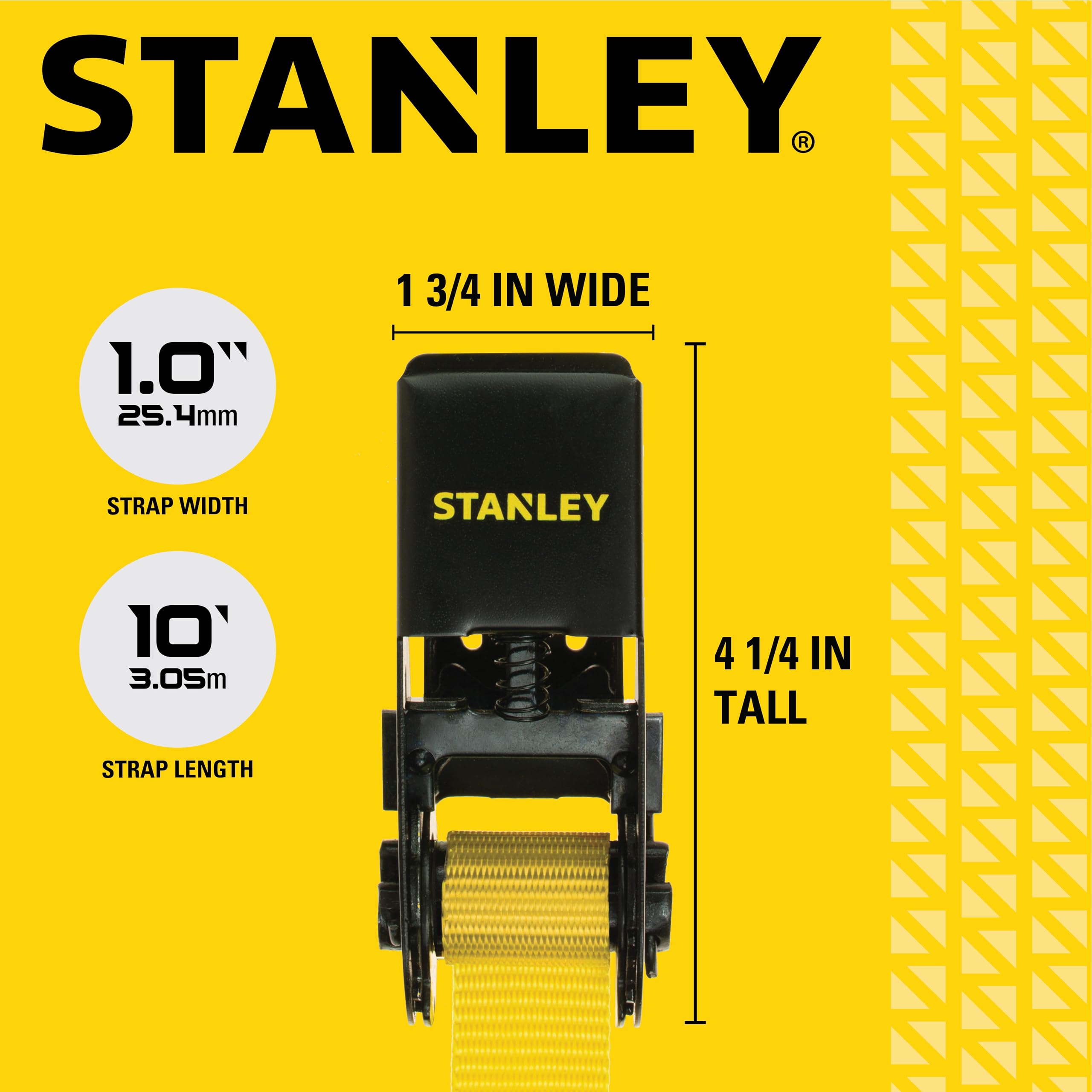 STANLEY S9500 Ratschengurt, 2,5 cm x 3 m, leichte Ladung (136 kg Arbeitslast, 408 kg Bruchfestigkeit), 4 Stück, Schwarz/Gelb 7