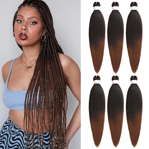 Samtress Long Pre Stretched Braiding Hair 30 Inch Easy Braid Soft Yaki Texture Kanekalon Synthetic Crochet Hair Extensions 6 Packs Omber Brown Braids Fiber Hot Water Setting for Box Braids (#T30)