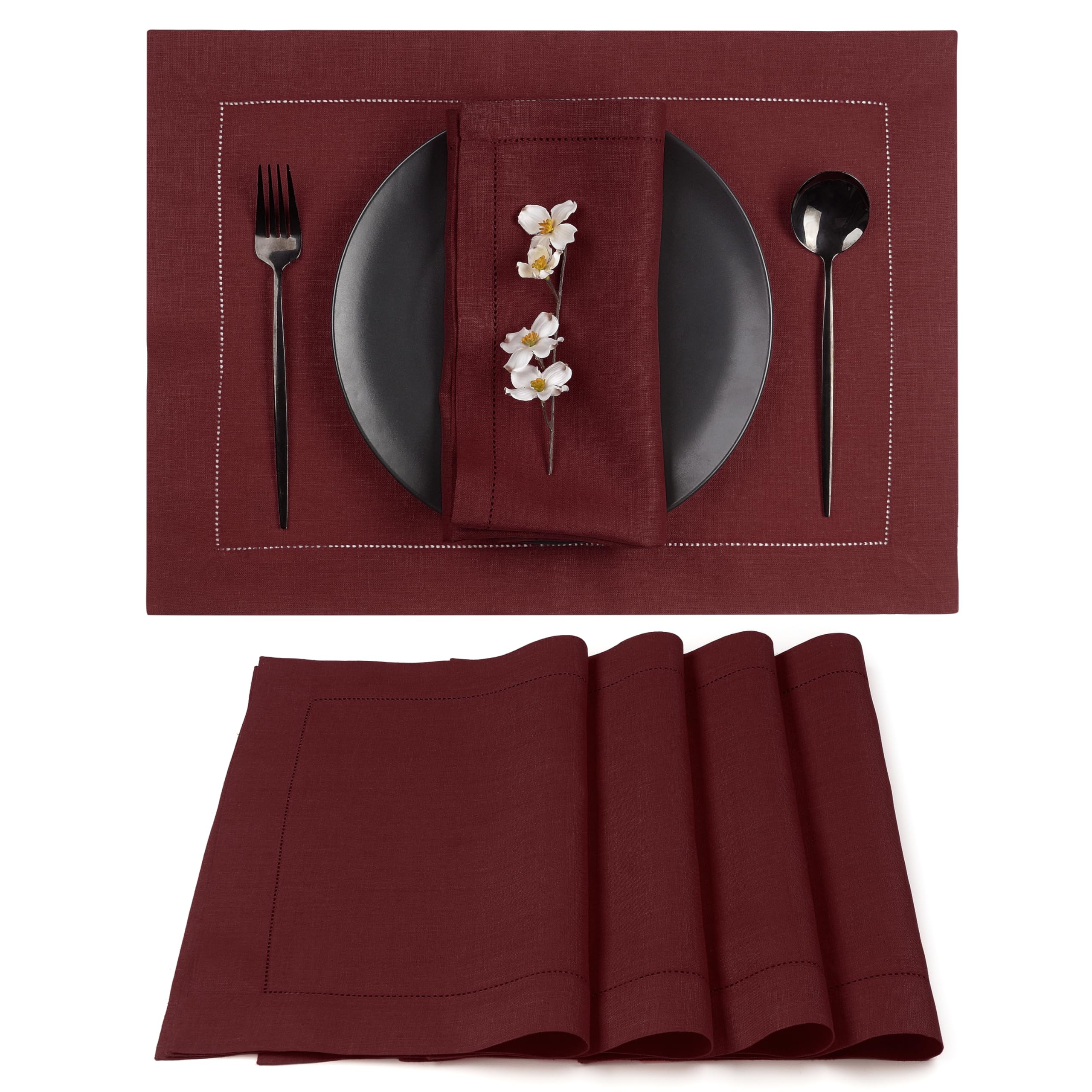 D'Moksha Homes Linen Placemats Set of 4-100% Pure Linen Dark Red Placemats 14 x 19 Inch - Classic Hemstitch, Washable Dark Red Placemats — image 1
