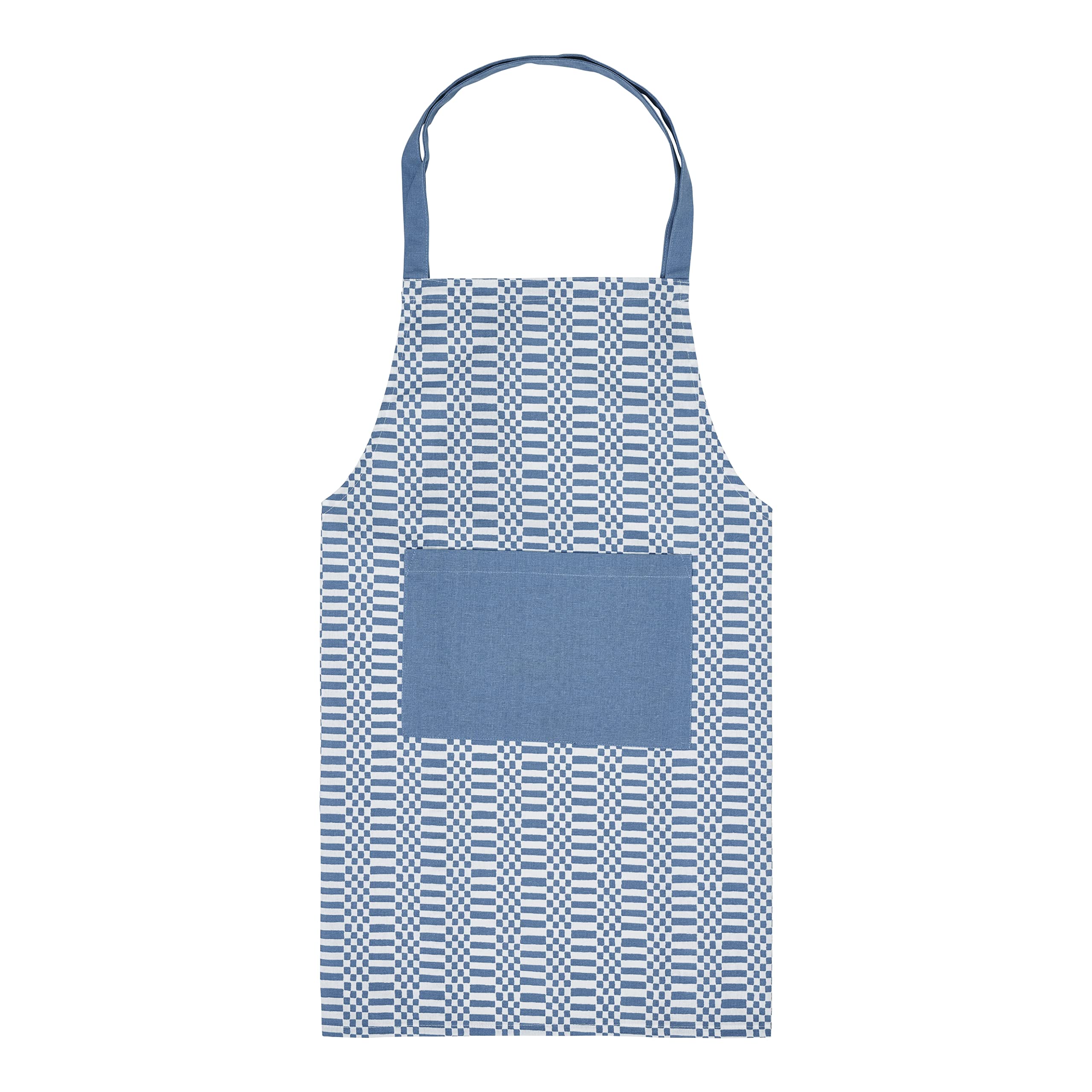 Penguin Home Apron,Chef Quality, Thokka Print,Colour - White & Blue,Plain woven contrast color pocket,Recycled cotton, Eco Friendly & Sustainable, Adjustable Neck Strap, Size - 70x80 cm