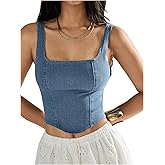 WDIRARA Women's Square Neck Sleeveless Corset Denim Top Zip Back Asymmetrical Hem Tank Top