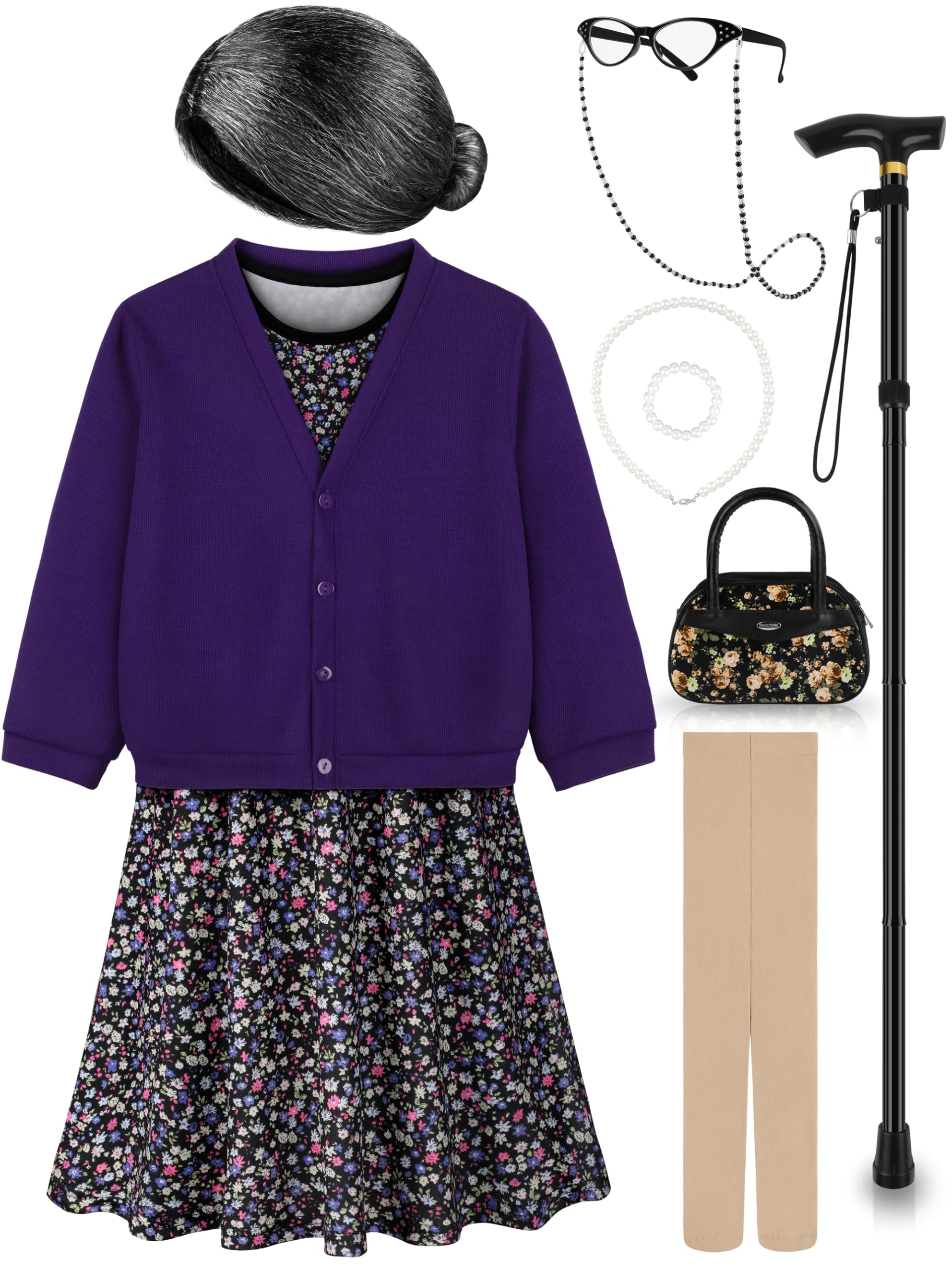 Photo 1 of Gnodio Old Lady Costume for Kids 100 Days of School Costume for Girls 100th Day of School Granny Old Lady Dress Up Accessory Purple 5-7X