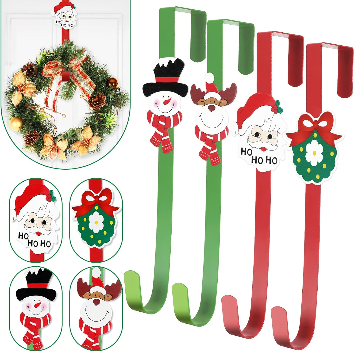 Wreath Hangers - AnyDesign 4Pcs Christmas Wreath Hanger Over Cartoon Snowman Santa Claus Elk Christmas Wreath Hooks Red Green Door Hanger Hooks Metal Wreath Holder for Christmas Party Door Wall Festival Decorations