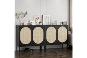 IKIFLY Set of 2 Accent Storage Cabinet with Handmade Natural Rattan Doors - Rattan Sideboard Buffet Cabinet - Kitchen Cupboard Server for Living Room, Hallway, Entryway - Black