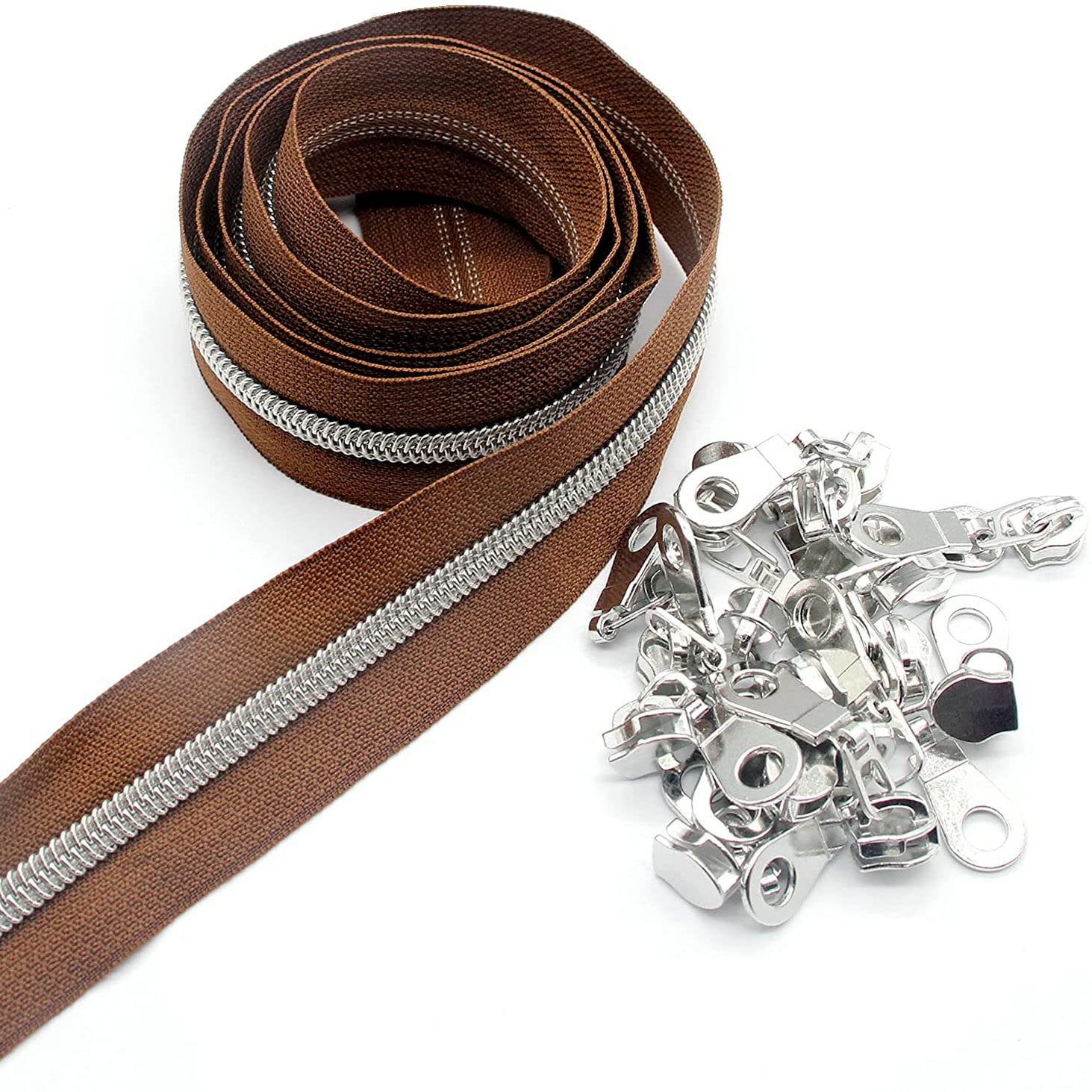 Leekayer #5 Silver Metallic Nylon Coil Zippers by The Yard Bulk 10 Yards (Brown Tape with 25pcs Silver Sliders for DIY Sewing Tailor Craft Bag(Brown)
