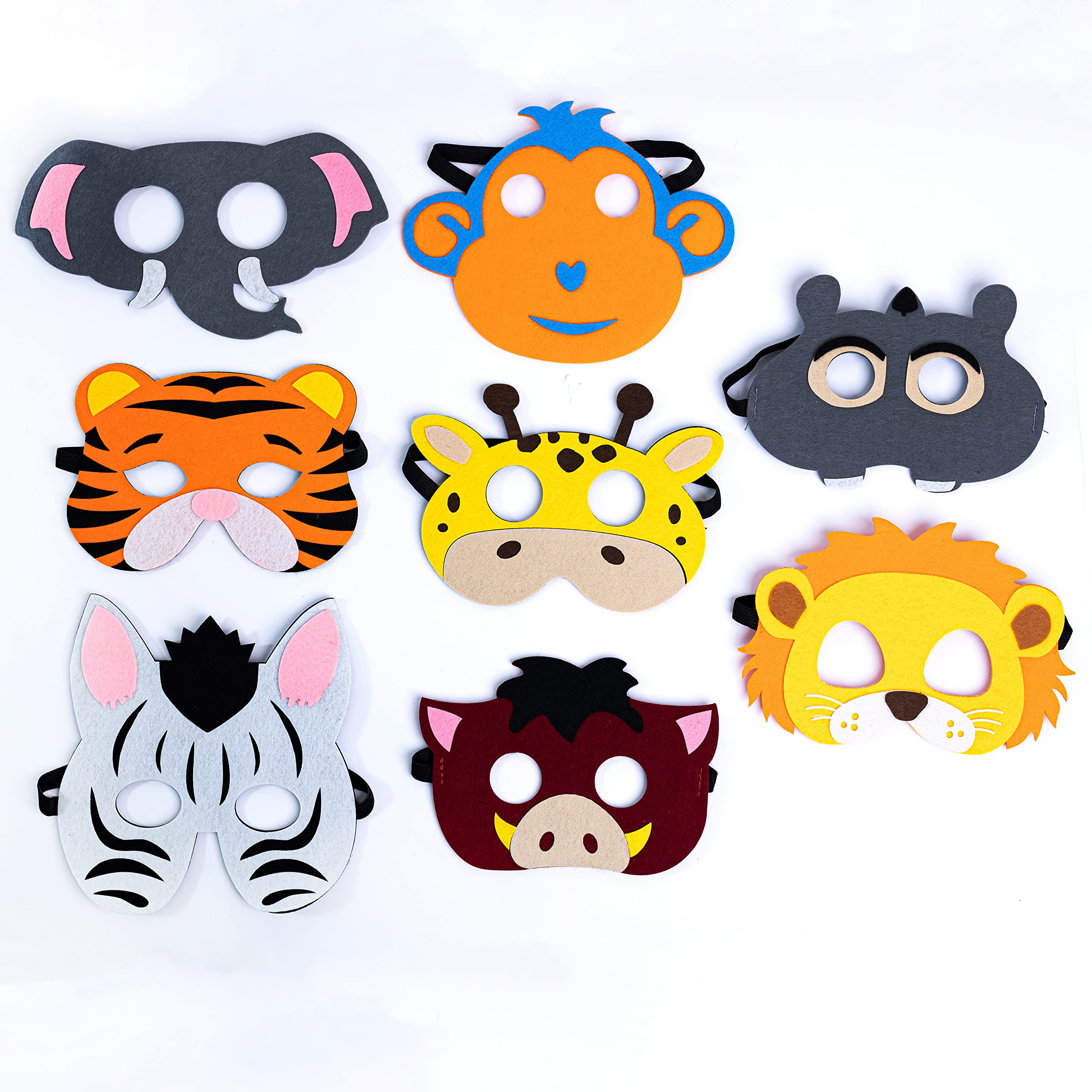 Toyseum 8 x Kids Animal Masks, for Safari or Jungle Themed Parties, Soft Comfortable Felt Masks with Elastic Strap for Boys & Girls, Fancy Dress Prop Accessories for School Events, Pack of 8