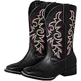 SheSole Women's Extra Wide Calf Cowboy Boots Square Toe – Pull-On Western Boots for Thick Calves, Stretch Comfort & Removable Insole, Classic Western Pattern