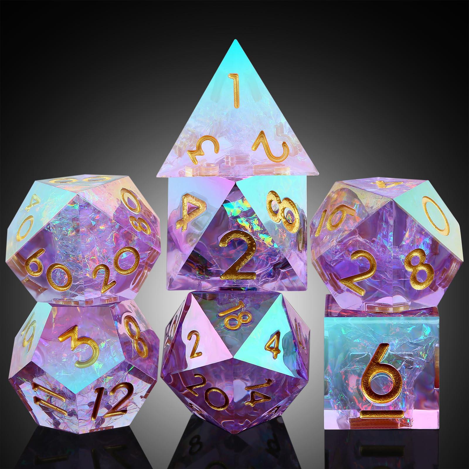 Iridescent Plating Lilac Sharp D&D Dice, DNDND Handmade DND Resin Sharp Edge D&D Die with Gift Case for Dungeons and Dragon Tabletop Games (Iridescent Plating Lilac) — image 1
