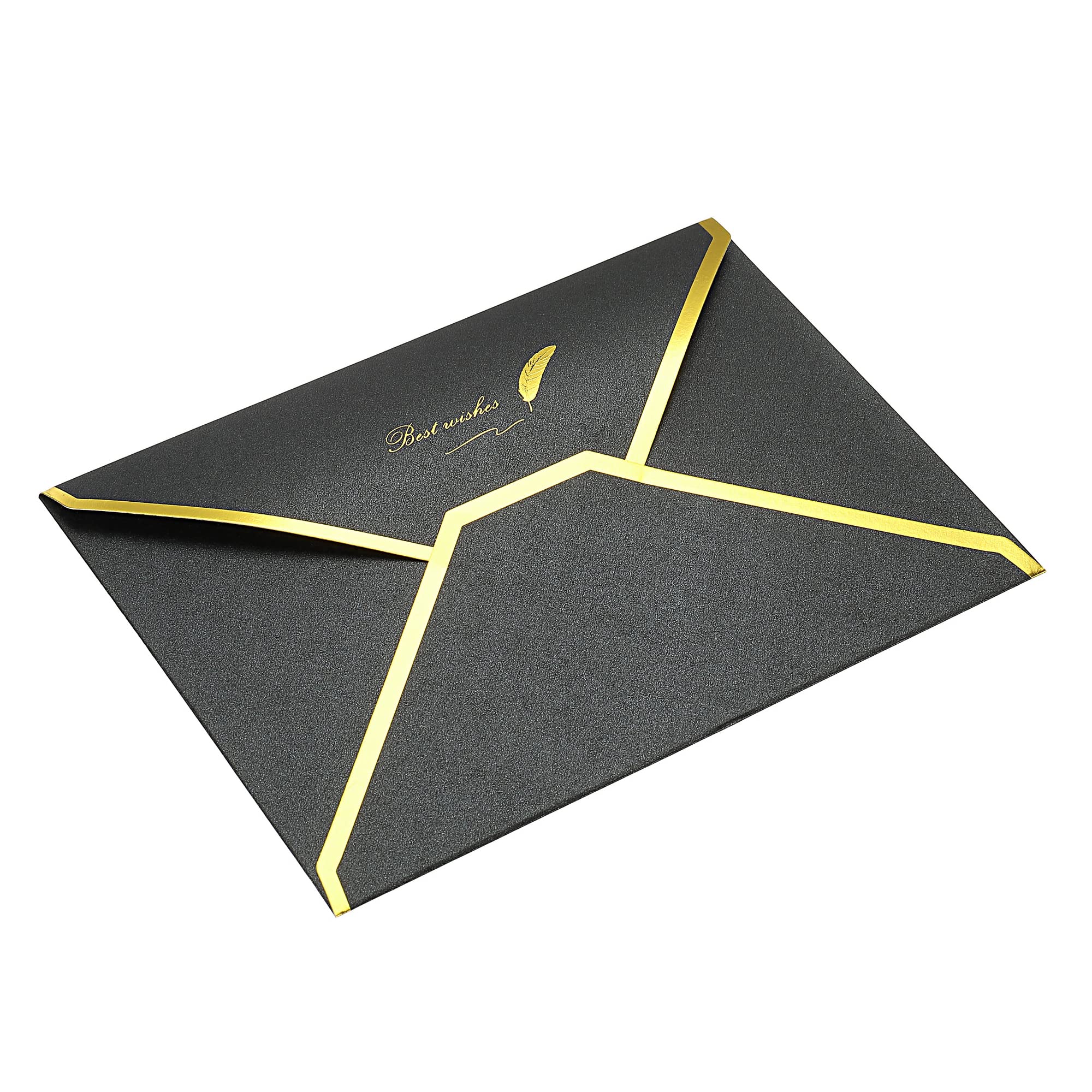 PATIKIL V Flap Envelopes, 10 Pack 7 x 5'' Luxury Style Gold Border Greeting Card Envelope for Invitations Weddings, Black