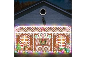 Ganeen 6.4x16 ft LED 2025 Christmas Garage Door Banner String Light Large Rustic Xmas Garage Door Decorations Xmas Banner Cover Backdrop Holiday Cover Decoration(Gingerbread House B)
