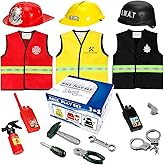 Cocojeci Boys Dress up Trunk Costumes Set,15pcs Pretend Role Play Set Fireman, Police, Construction Worker Costume with Accessories for Kids Ages 3-7