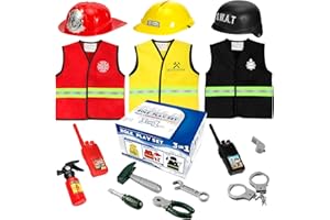 Cocojeci Boys Dress up Trunk Costumes Set,15pcs Pretend Role Play Set Fireman, Police, Construction Worker Costume with Accessories for Kids Ages 3-7