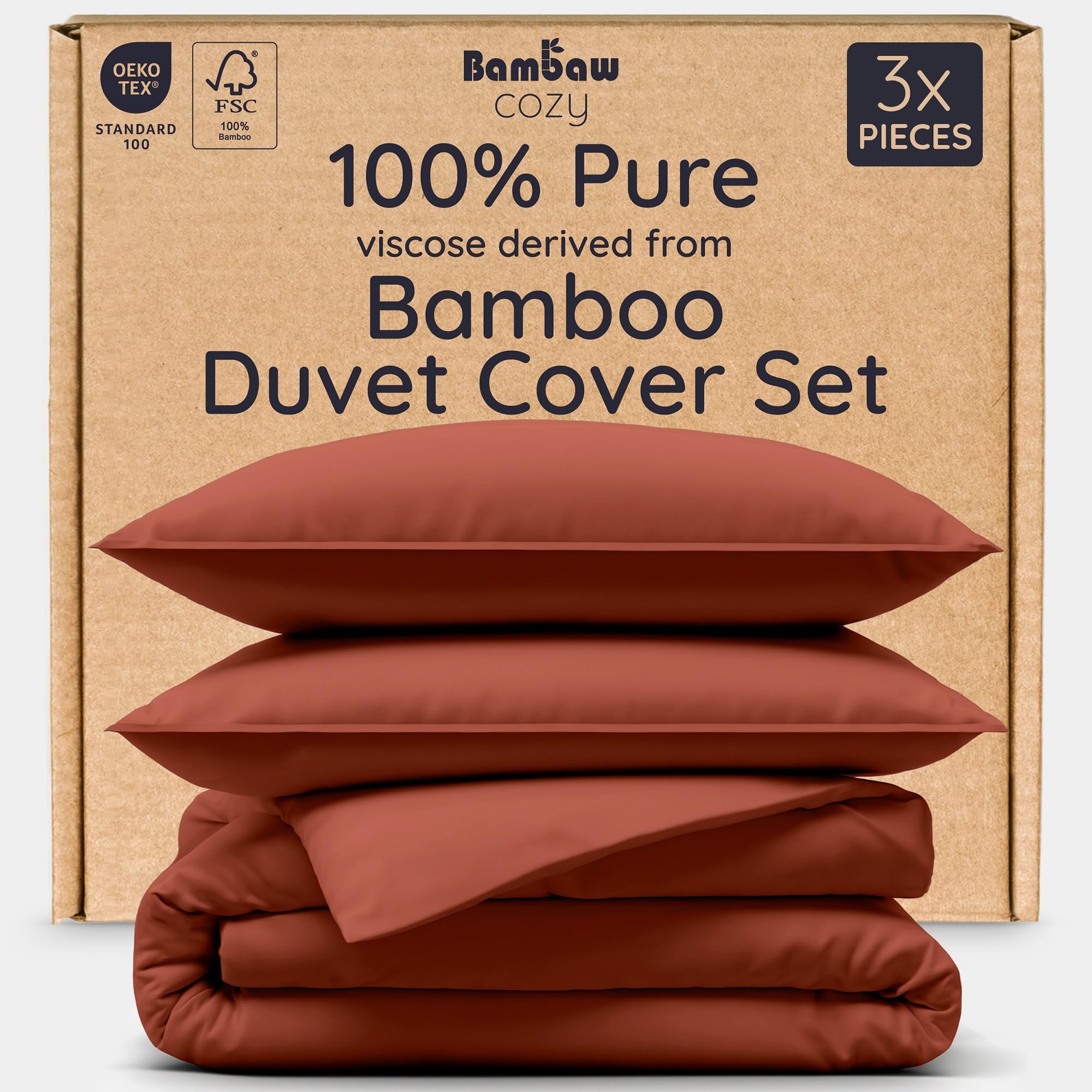 Photo 1 of Bambaw 100% Viscose Derived from Bamboo Duvet Cover Queen Size – 3 Pieces Cooling Duvet Cover Queen Size Set, Soft & Breathable Bedding Set, No Comforter (Terracotta)