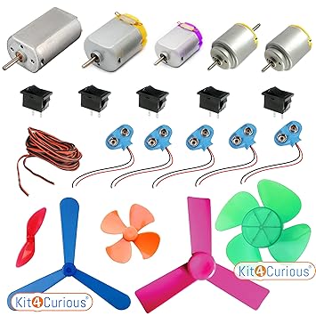Kit4Curious 5 Different Size Shape DC Motor, Propeller, Switch, Snap Connector, Wire Set for DIY Science Hobby Kit (Multicolour)
