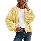 QIBABU Womens Chunky Knit Cardigan Sweater Casual Cropped Open Front Lantern Sleeve Knitwear Coat