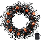 BINFEN 20 Inch Pumpkin Halloween Wreath with 30 Orange LEDs for Front Door | Layered black foliage with an airy, wild silhouette for walls, windows, mantels, entryways and covered porches