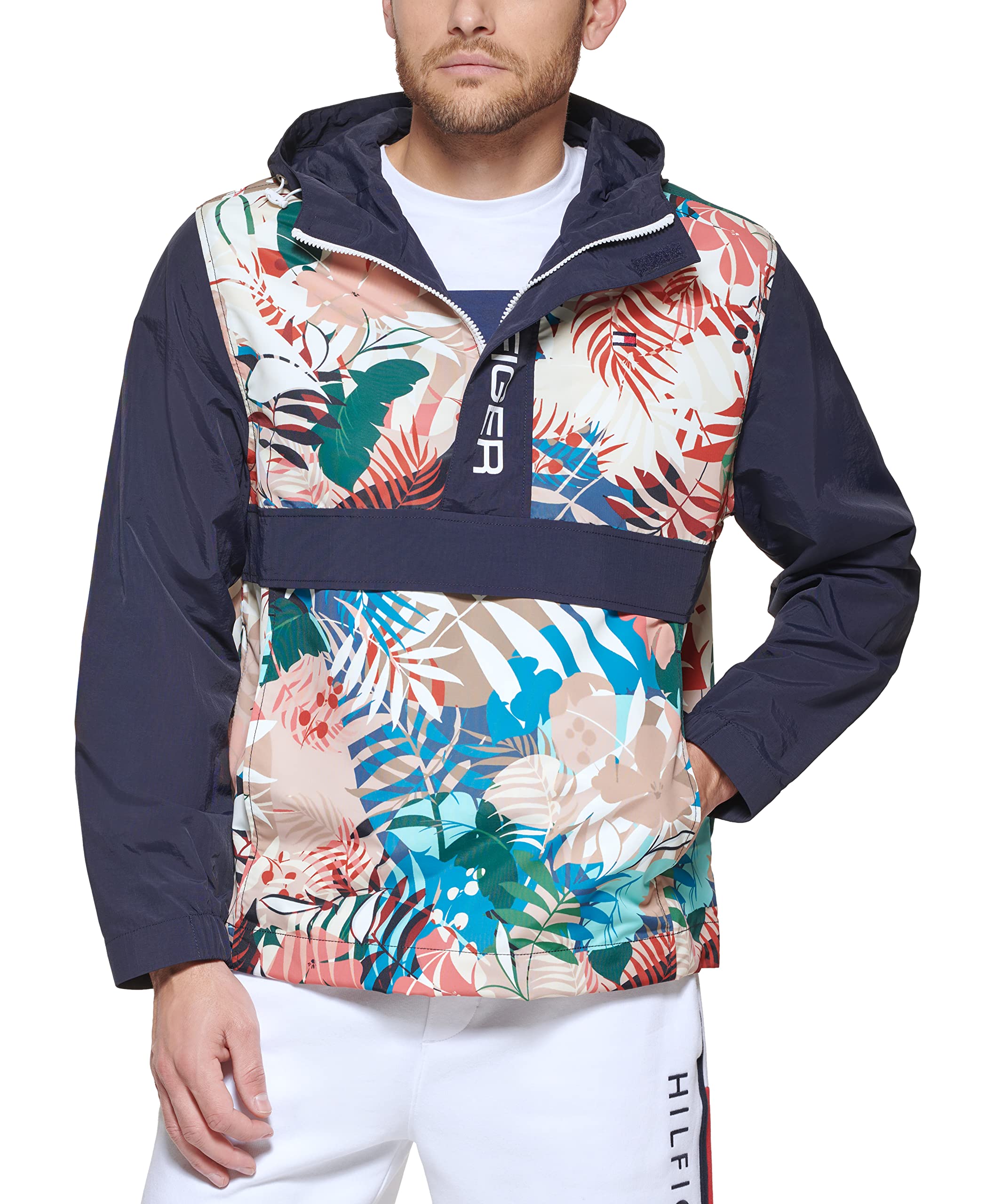 Tommy Hilfiger Men's Retro Lightweight Taslan Hooded Popover Water Resistant Jacket Windbreaker, Tropical Print, XX-Large Image