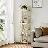 Homhedy Bookshelf Arched Display Racks,Metal Bookcase,Tempered Glass Shelves,Storage Rack Shelf for Home Office,Living Room,Bedroom, Bathroom,Modern Style (Golden, 11.8" D x 13.8" W x 68.1" H)