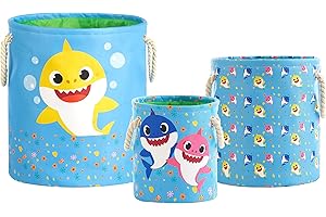 IDEA NUOVA Baby Shark 3 Piece Multi Size Fabric Nestable Toy Storage Basket Set, with Rope Carry Handles