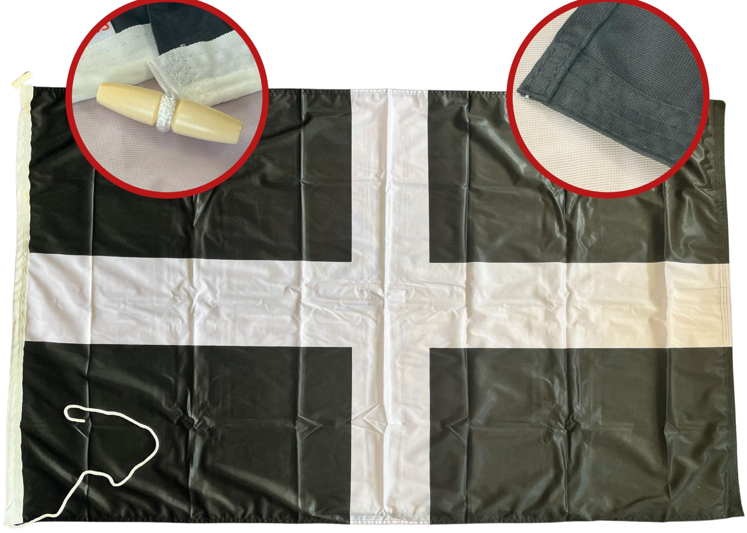 NWFlags Cornwall Flag 150d Nylon Rope & Toggle 5ft x 3ft for Professional Flagpole | St Pirans Cornish Flag