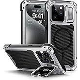 Lanhiem for iPhone 15 Pro Max Metal Case, [Built-in Camera Kickstand & Glass Screen Protector] Protective Heavy Duty Full Body Military Rugged Shockproof Magnetic Cover (Silver)