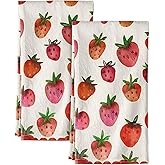 Miss Adola Flour Sack Kitchen Towels - Set of 2 Cotton Dish Towels with Hanging Loop Decorative 16x26 Inch Absorbent Cute Design for Housewarming Gifts, Strawberry