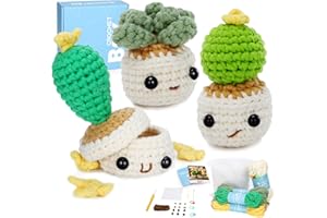CROCHETBOX Crochet Kit for Beginners: 3 PCS Smiley Potted Plant Starter Crochet Kits with Step-by-Step Video Tutorials and Yarns, Hook, Accessories, DIY Craft Gift for Adults and Kids(30%+ Yarn)