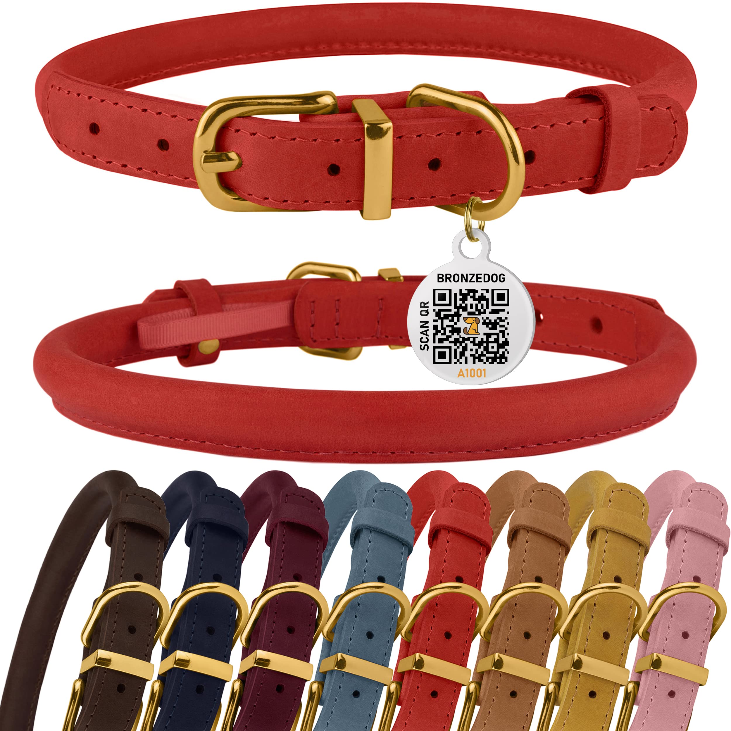 BRONZEDOG Rolled Leather Dog Collar with QR ID Tag Adjustable Soft Round Collars for Small Medium Large Dogs Puppy Cat (Classic Red, 35-41 cm)