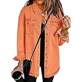 Vetinee Women’s Oversized Button Up Frayed Hem Shacket Long Sleeve Pockets Denim Jean Jacket