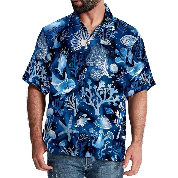 Century Star Men's Hawaiian Shirt - Floral Short Sleeve Button-Down, Tropical Summer Casual, Blue Fireworks