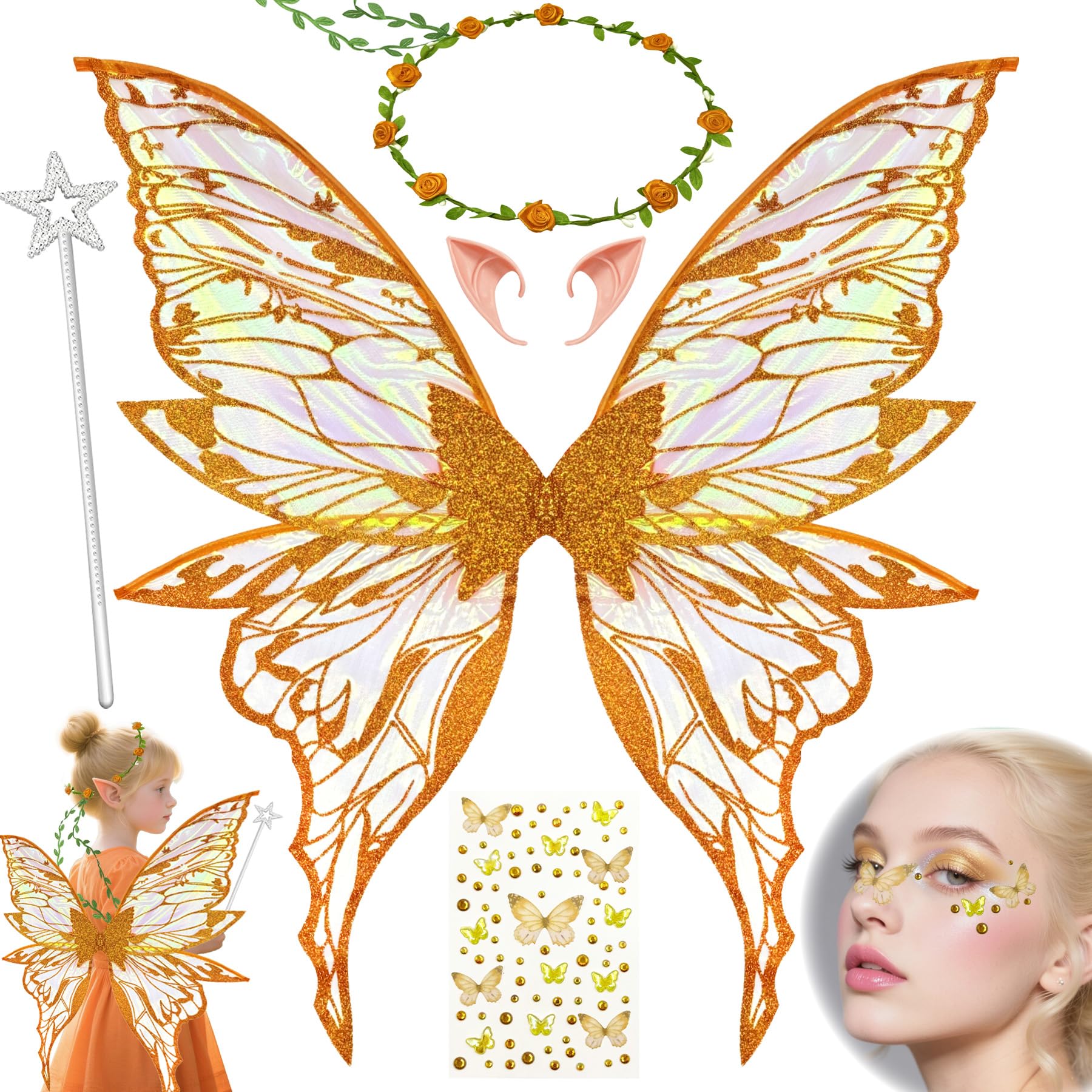 YeahBoom Children's fairy wings, butterfly wings with elf ears, fairy headband and star fairy wands, butterfly wings, princess wings, wing costume for carnivals or parties