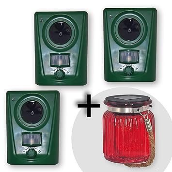 ISOTRONIC Tierabwehrgerät Ultraschall Tiervertreiber – 3er Set – Batteriebetrieb – Akustische Tierabwehr inkl. Erdspieß – Eff