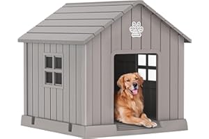 Vixzen 38in Large Outdoor Dog House,Durable Water Resistant Resin Dog House,Doghouse for Small to Large Dogs Indoor or Outside,with Air Vent and Elevated Floor,Gray